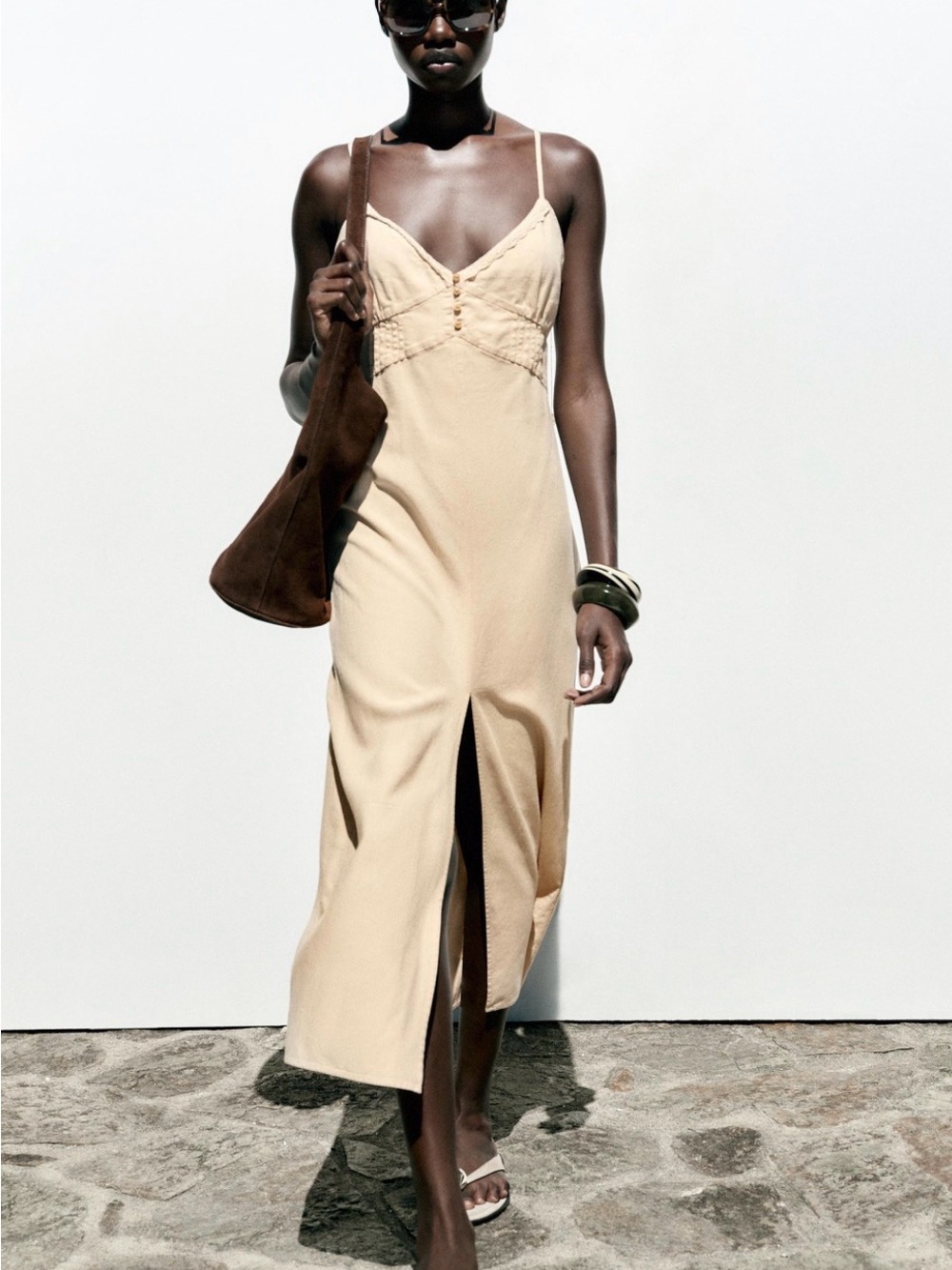 Zara Cream Slip Midi Dress with Front Slit